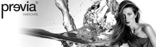 Previa Haircare reklāmas attēls ar modeli un izplestiem gariem matiem